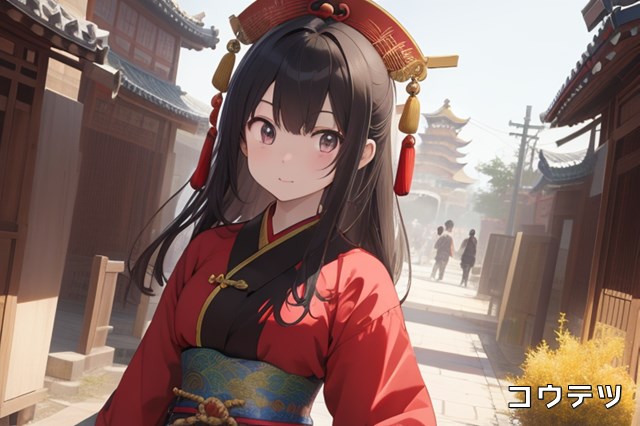 赤い伝統衣装を着た古代中国(春秋戦国)の女子画像